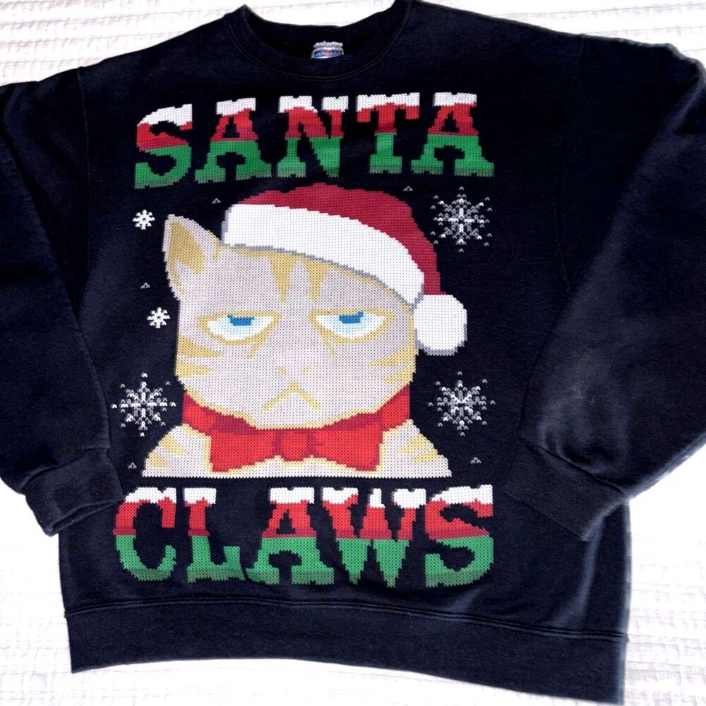 Jerzees SANTA CLAWS Ugly Christmas Sweatshirt Black Size L